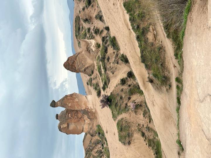 Camel-shaped rock and other formations in a semi-arid valley.