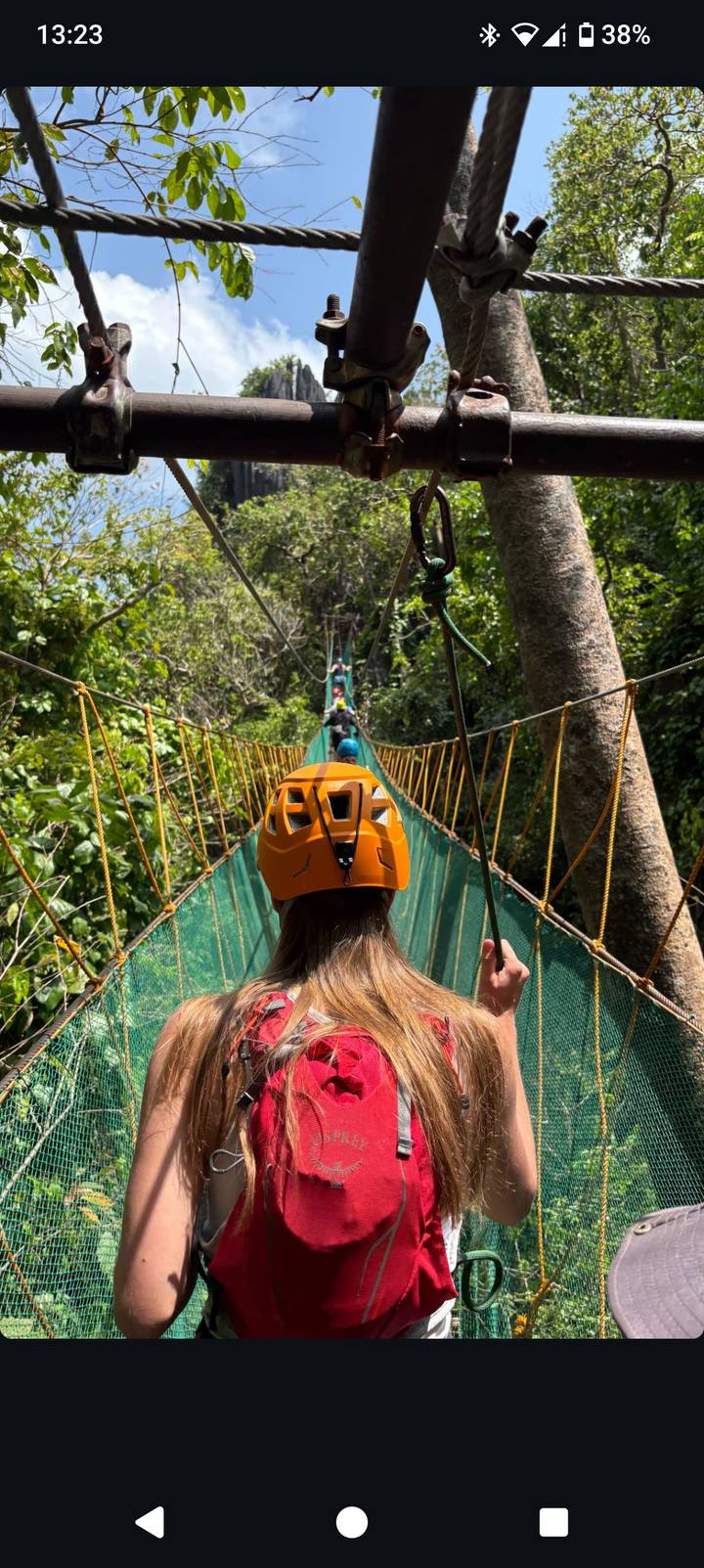 Line of helmeted travellers crossing a narrow jungle canopy suspension bridge.