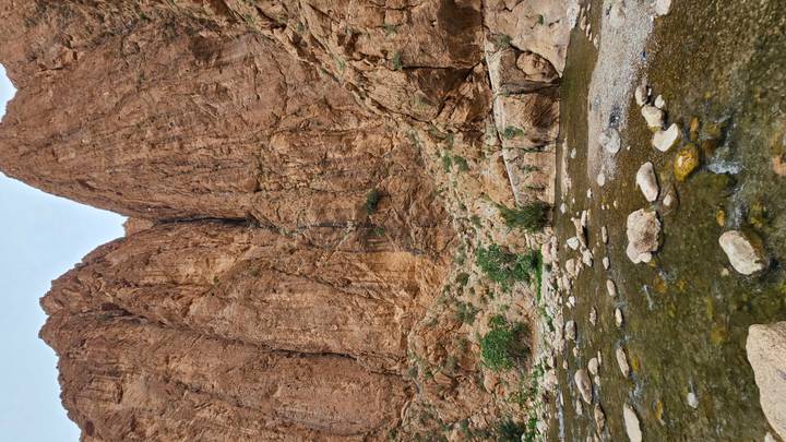 Sheer ochre cliffs of Todra Gorge rise above a shallow stream and scattered boulders.