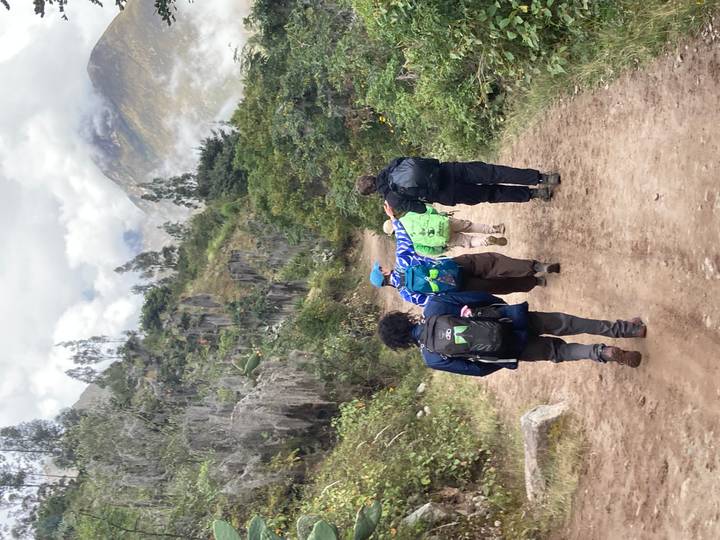 Back view of trekkers with backpacks walking along a dirt trail through lush Andean scenery.