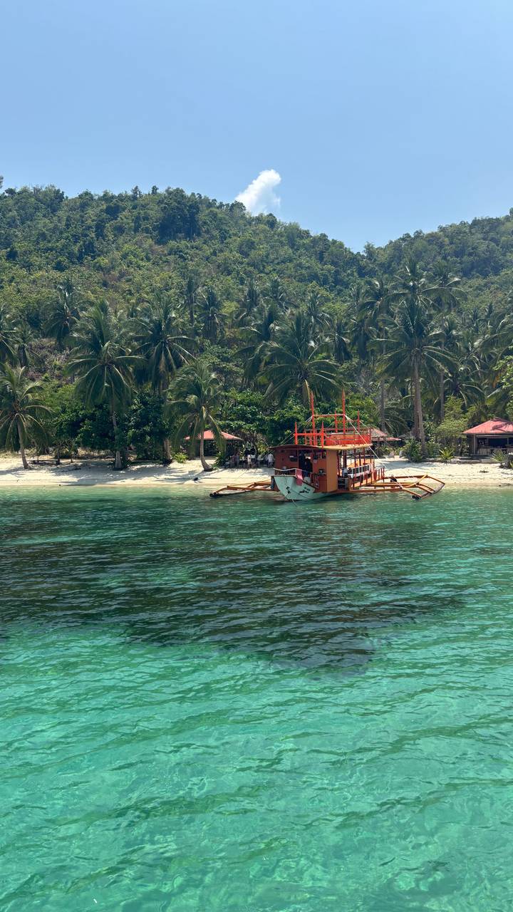 Orange-roofed banca boat anchored beside a quiet palm-lined shore and emerald water.