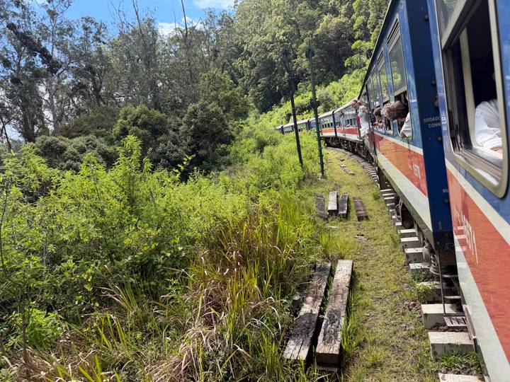 Colourful train curving through lush green highland vegetation with passengers leaning out