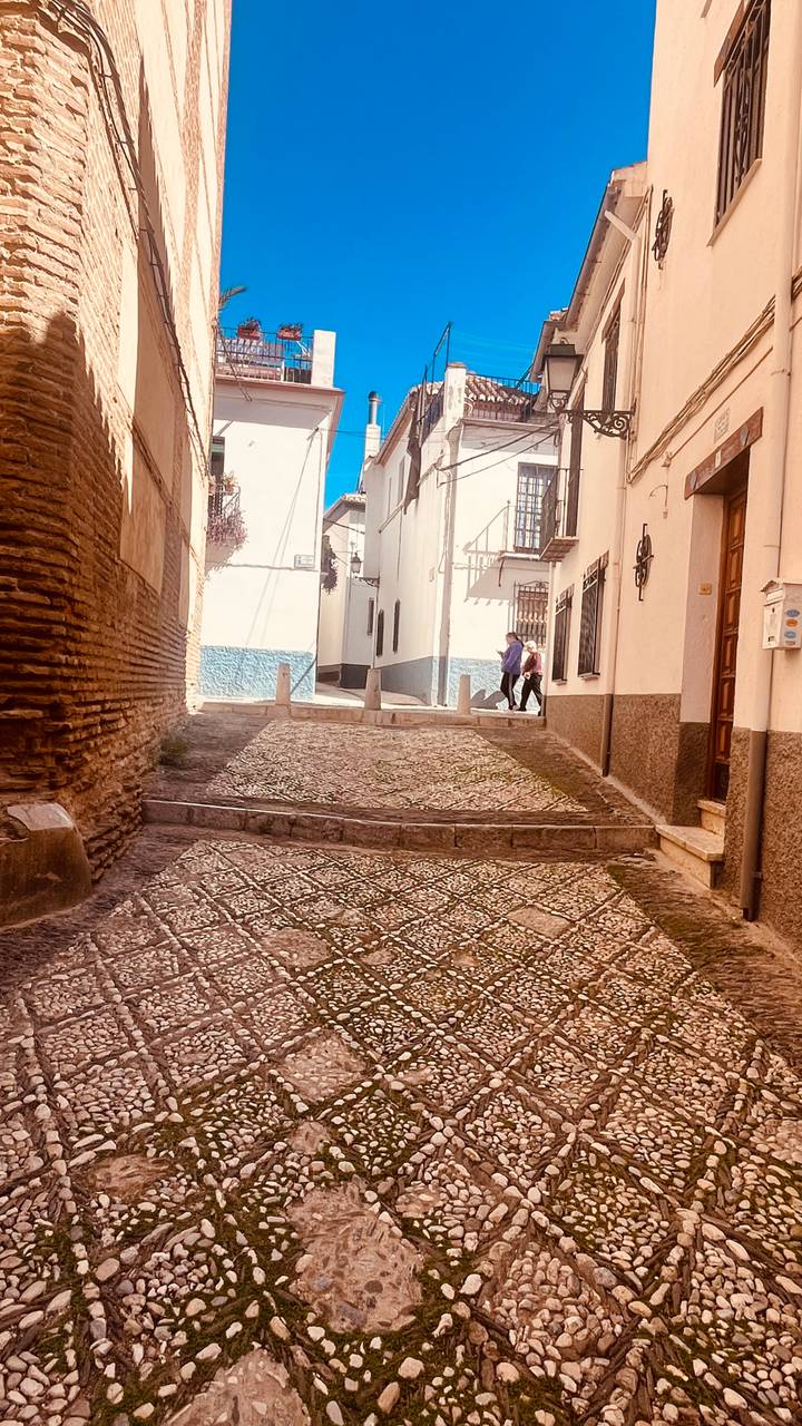 Narrow cobblestone alley with whitewashed walls and tourists walking uphill