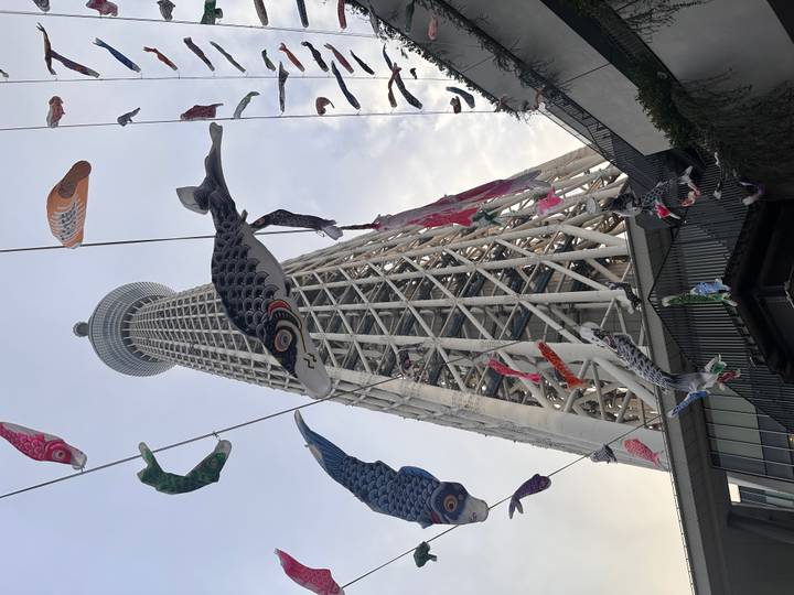 Tokyo Skytree soaring into the sky framed by colorful carp streamers fluttering on lines.