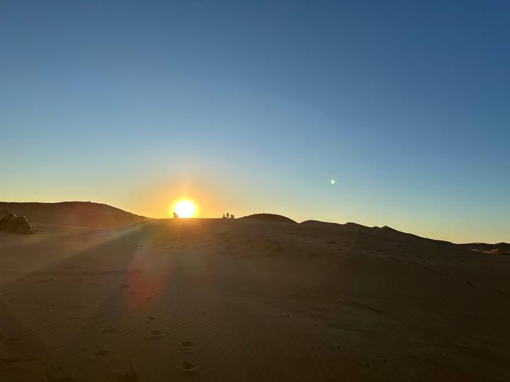 Golden sun setting over rolling Sahara dunes casting long shadows on rippled sand.
