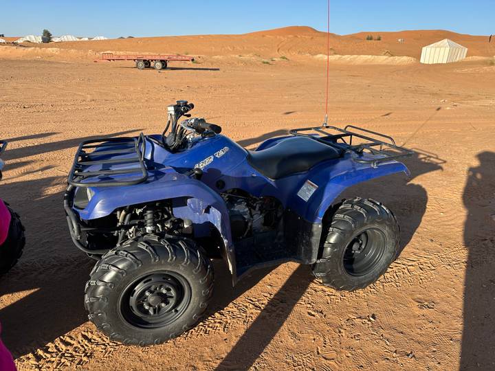 A blue quad bike parked on reddish desert soil under bright sunlight.