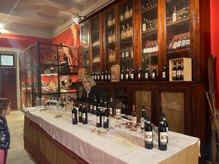 Wine expert presenting a long table of bottled reds in a rustic cellar shop.