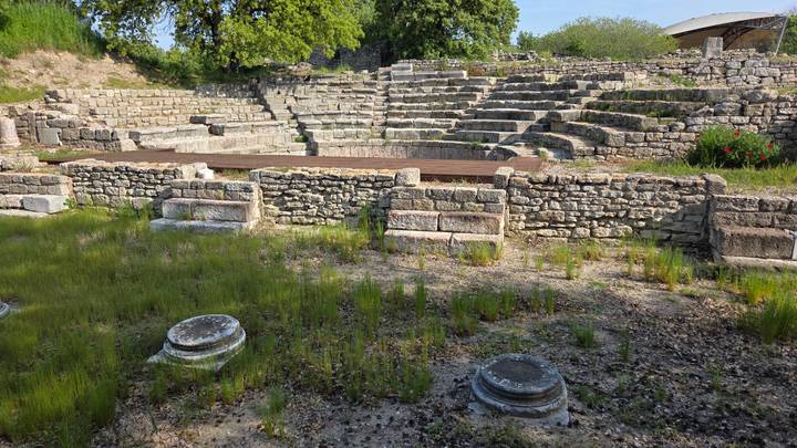 Stone-built semicircular ancient theatre with tiered seating surrounded by low grass and wildflowers.