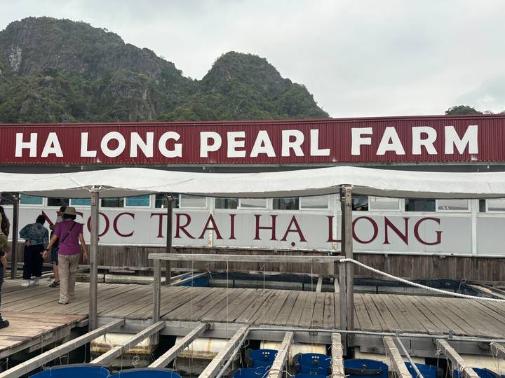 Visitor walks beneath a large red sign reading 'HA LONG PEARL FARM' on a floating platform.