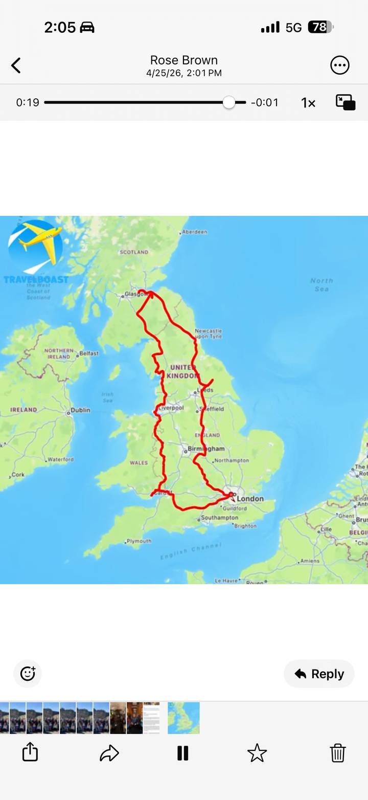 Simplified map of the United Kingdom with a red travel route marked from London to Scotland and back.