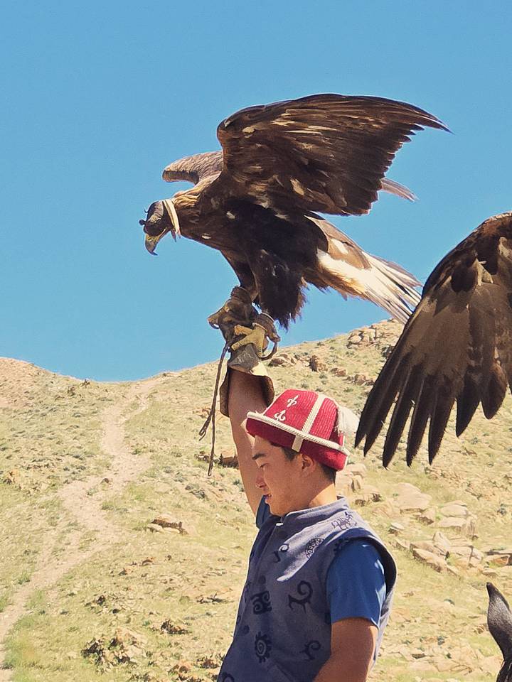 Traditional Kyrgyz eagle hunter proudly holding a golden eagle against a mountainous backdrop.