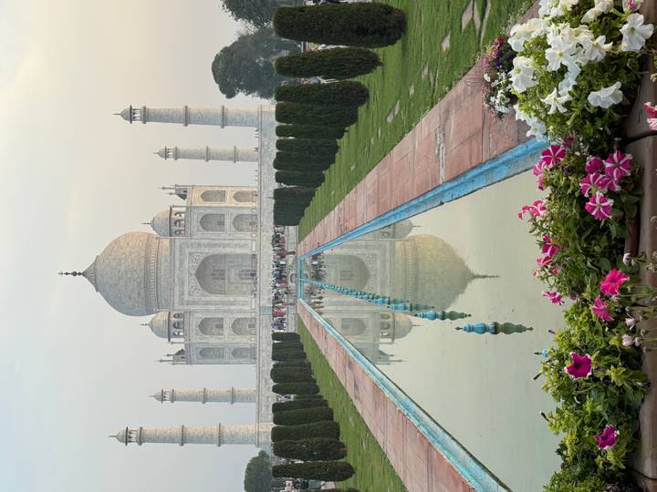 Iconic frontal view of the Taj Mahal with reflection in the long water channel and flowers in foreground.