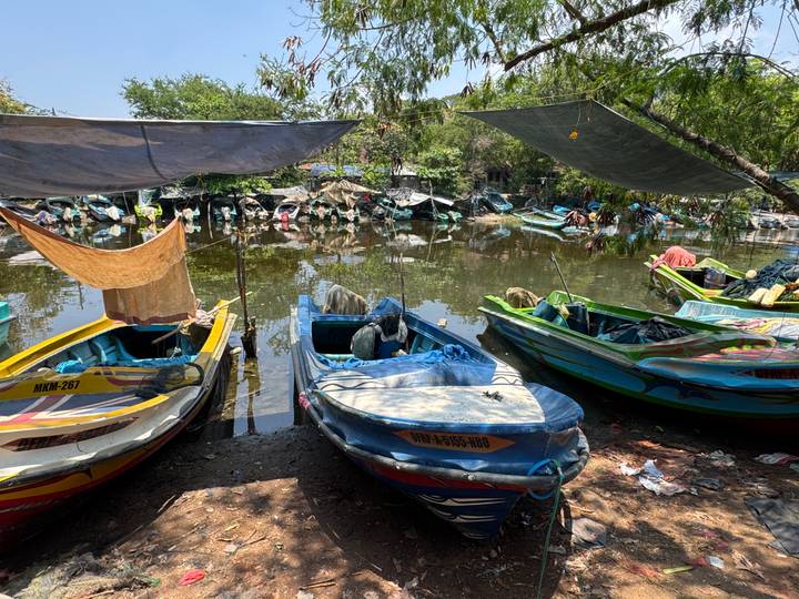 Colorful motorboats moored under tarps on a calm, debris-filled waterway.