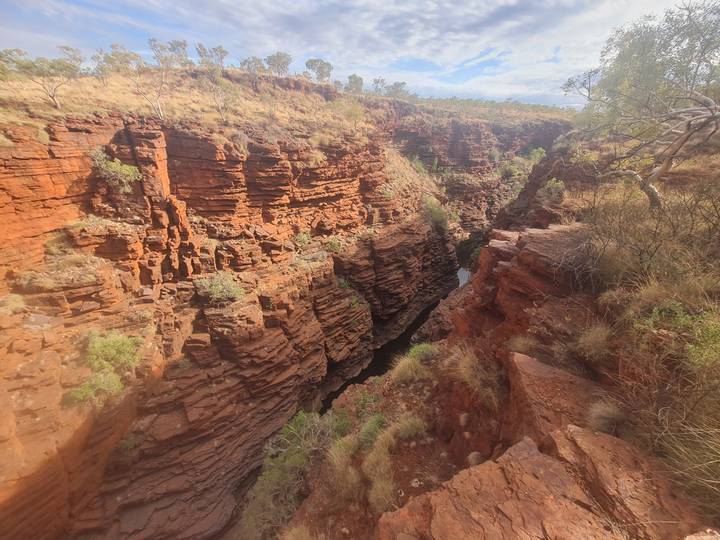 A deep, narrow red gorge with rugged cliffs and sparse vegetation.