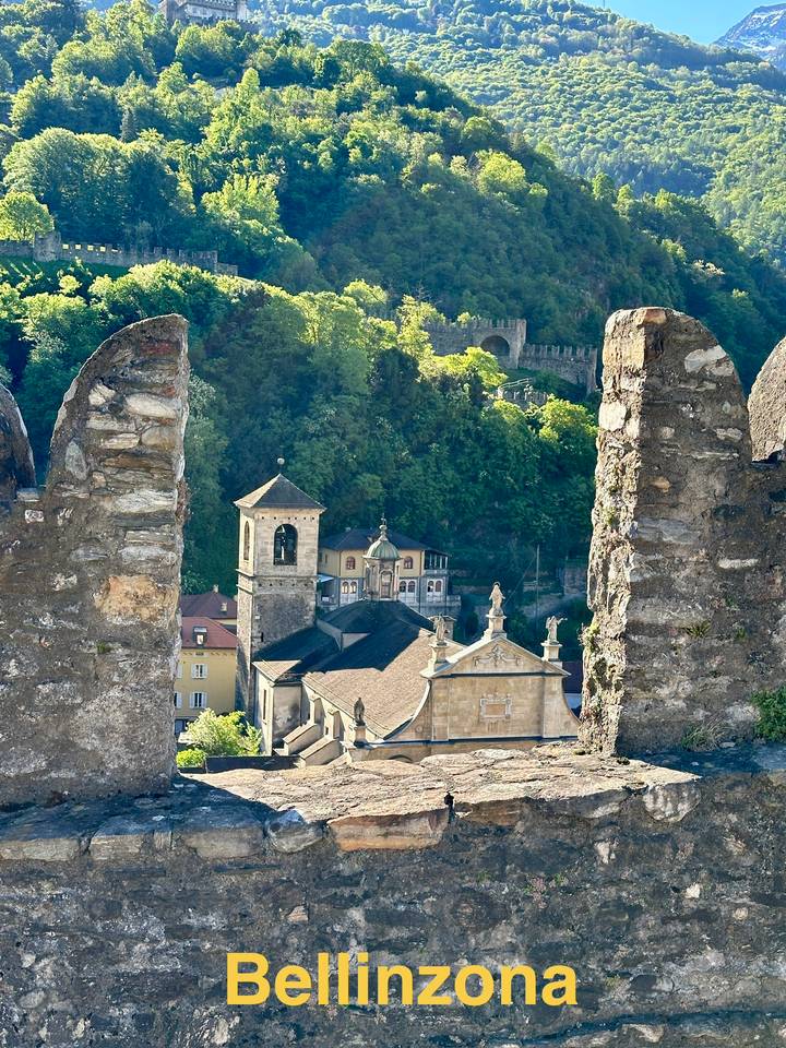 Castle walls frame a picturesque Swiss town set amid lush forested hills.