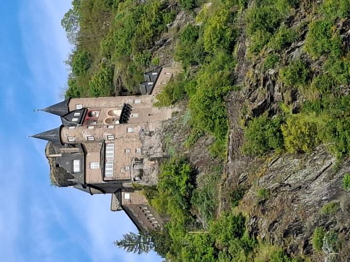 Fairy-tale stone castle perched on a steep green cliff with bright blue sky behind, Rhine Valley.
