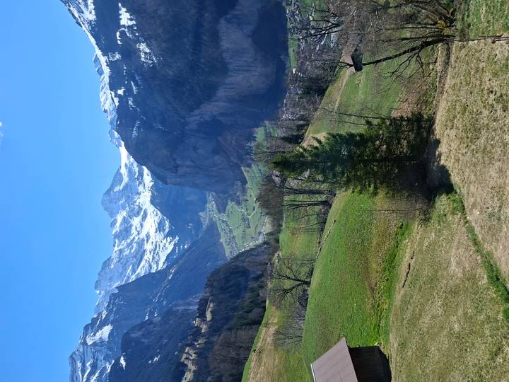 Snow-capped alpine peaks rise above a lush green valley dotted with villages and cliffs