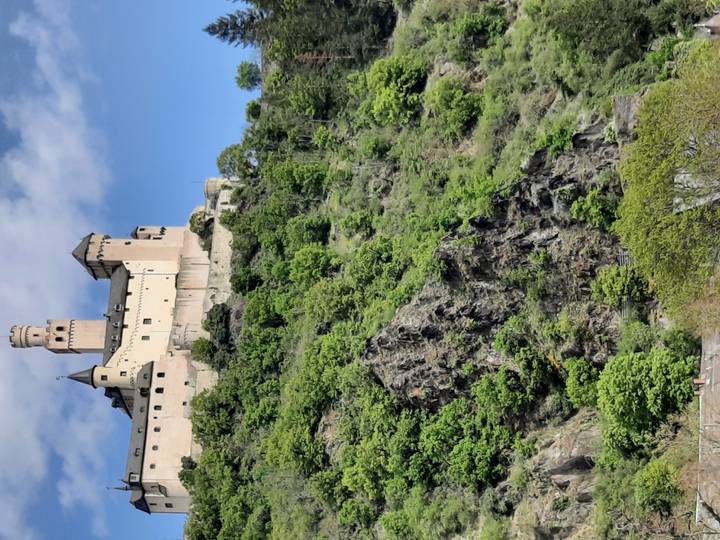 Fortified hilltop castle rises above lush green slopes and rocky outcrops along the Rhine.