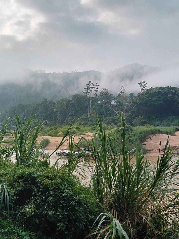 Jungle-covered riverbanks and small boats anchored on a muddy tropical river beneath low clouds.