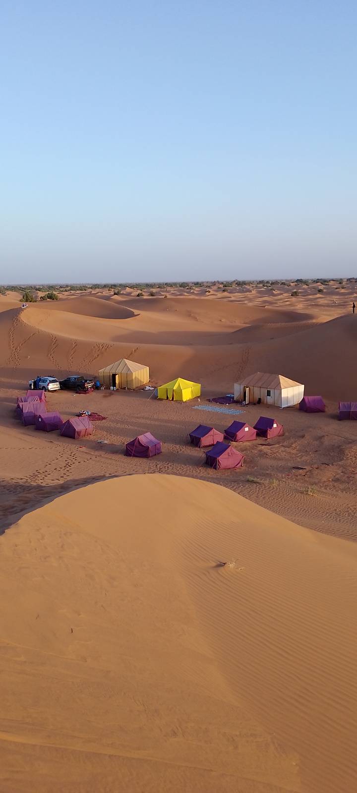 Remote desert camp with rows of purple tents and two larger canvas huts