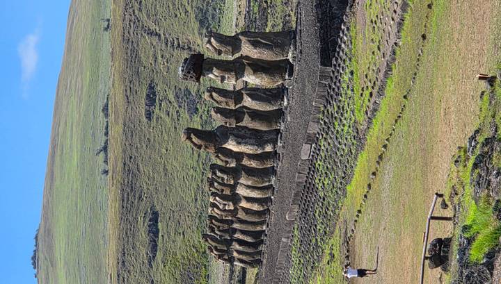 Panoramic view of the full row of fifteen Moai statues of Ahu Tongariki against grassy plain