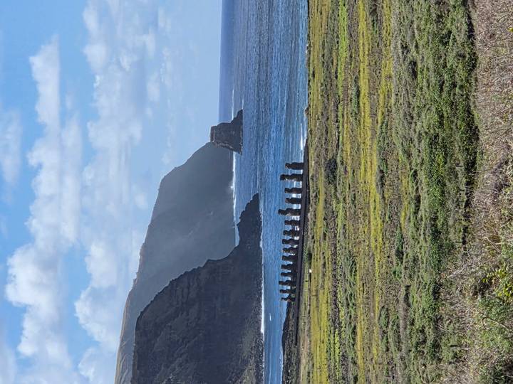Coastal landscape with a line of Moai statues facing the ocean, rugged cliffs and blue sea in the background