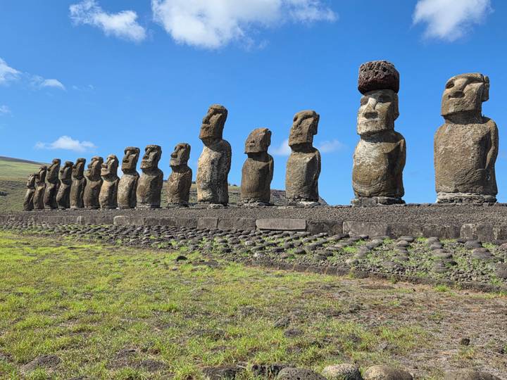 Front view of multiple Moai figures lined up on a stone ahu with grassy foreground under bright blue sky