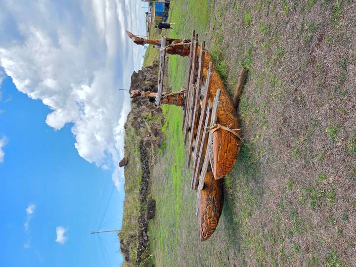 Traditional wooden double-hulled canoe frame carved and resting on grassy ground with cloudy sky above