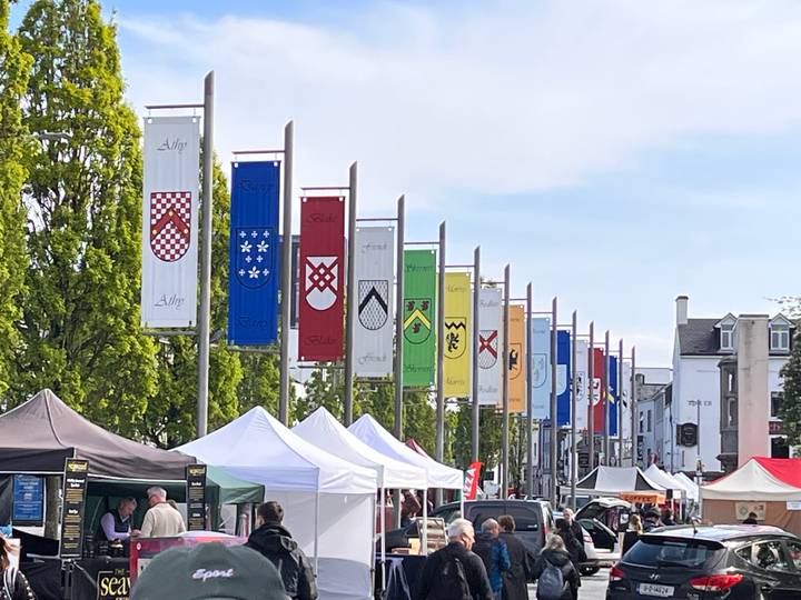 Outdoor market with colourful heraldic banners lining a street in an Irish town