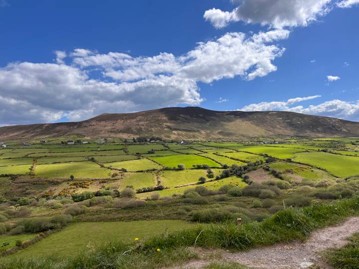 Patchwork of bright green fields and hedgerows at the foot of a low Irish mountain under scattered clouds