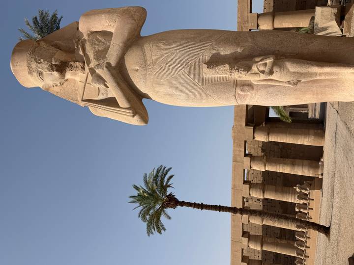 Elegant sandstone statue of an Egyptian queen with a lone palm tree and temple colonnade behind it under clear sky.