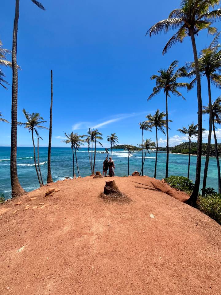 Couple posing on red-soil Coconut Tree Hill framed by tall palms and blue ocean.