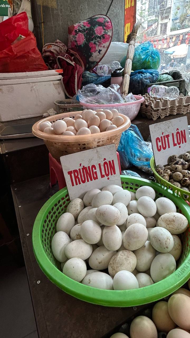 Baskets of duck and quail eggs for sale at a Vietnamese market with red-lettered signs.