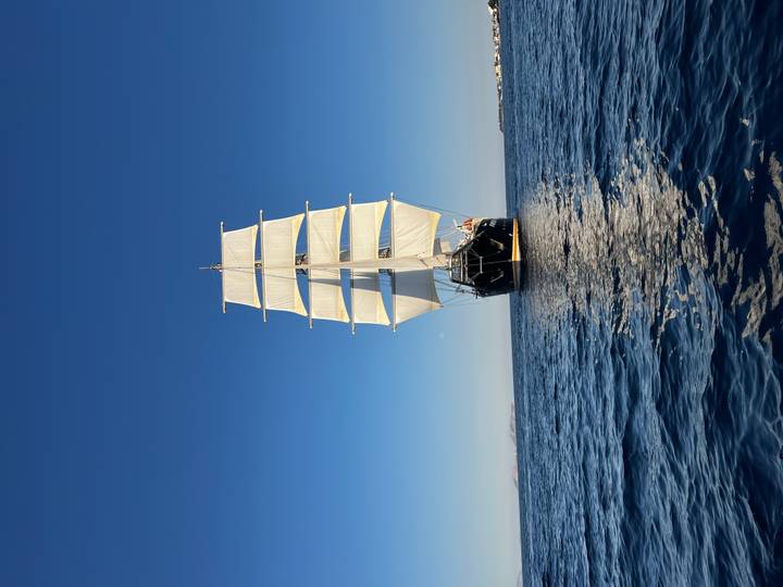 Vertical composition of a square-rigged ship centered on open sea