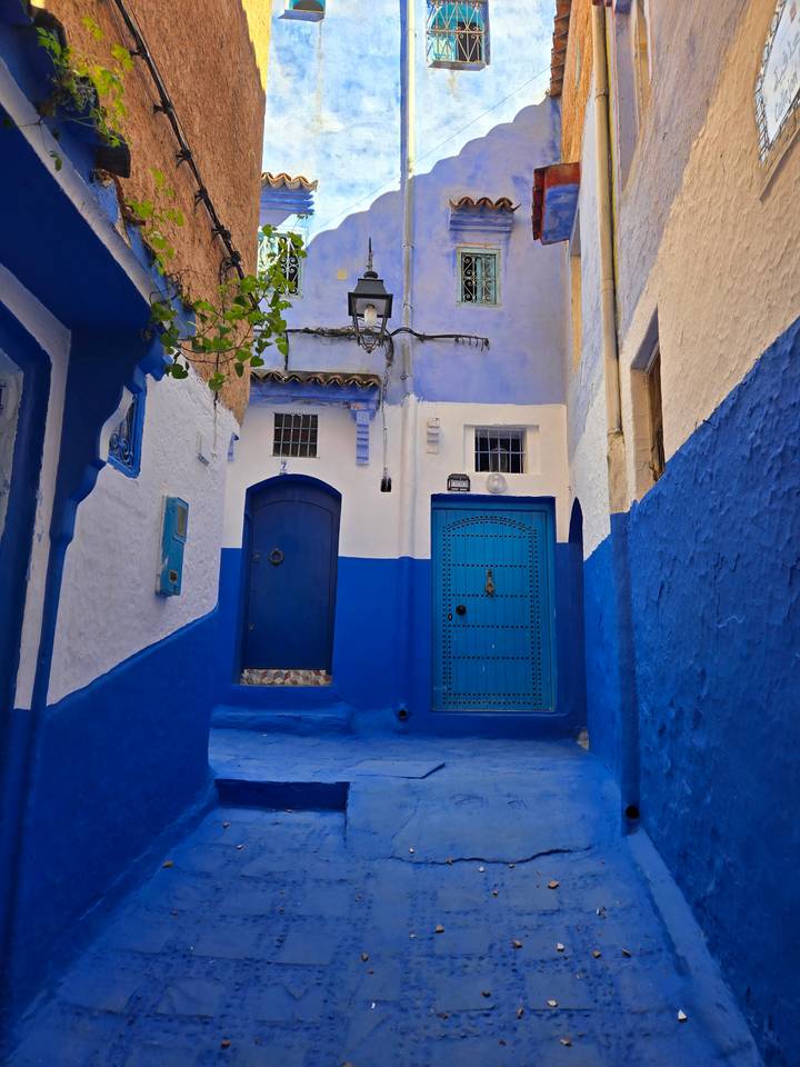 Narrow alley of Chefchaouen with striking blue-and-white doors and walls bathed in soft light.