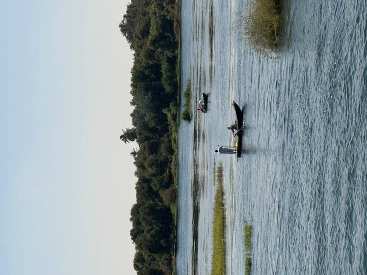 Local fishermen stand in small boats on the calm Nile River amid lush green banks.