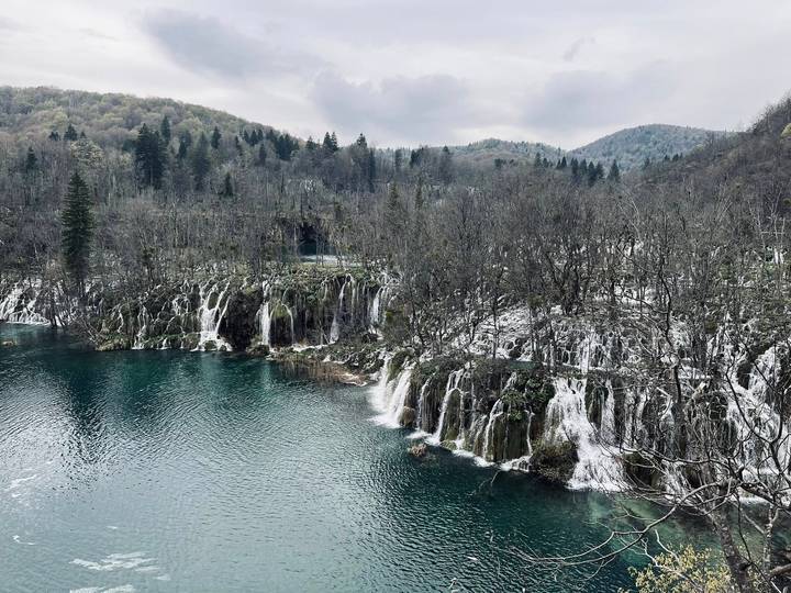 Multiple white cascades flow into a tranquil teal lake amid a leaf-bare forest at Plitvice.