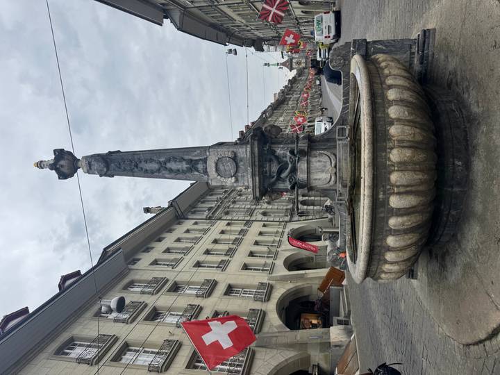 Historic stone fountain with obelisk center on a cobbled street lined by classic buildings and flags.