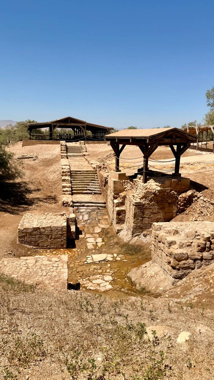 Ruined stone steps and baptismal pool at the Bethany Beyond the Jordan archaeological site.