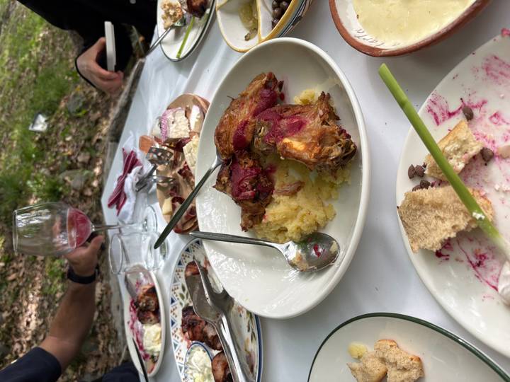 Outdoor picnic table with plates of roasted meat, mashed potatoes and wine glasses amid a forest setting.