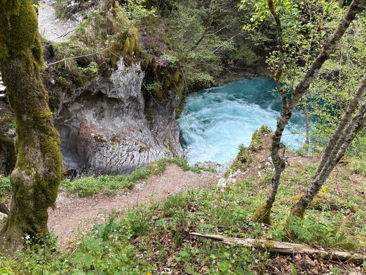 Vivid blue whirlpool churns inside a rocky gorge surrounded by moss and forest vegetation.