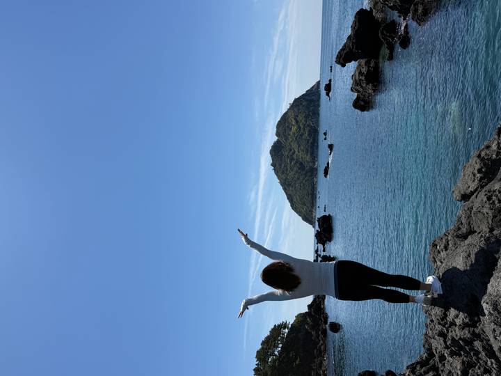 Woman standing on rocky shore raising arms toward a small lush island across turquoise sea.
