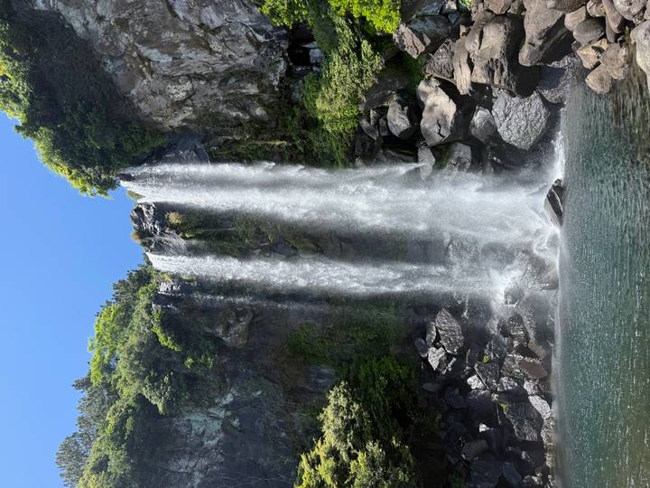 Tall waterfall plunging over a rocky cliff surrounded by lush greenery, splashing into a clear pool below.