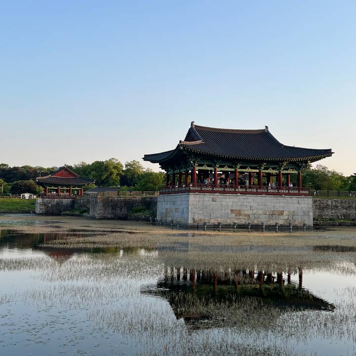 Traditional Korean pavilion with green and red woodwork overlooking a tranquil pond at dusk.