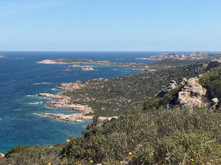Expansive coastal panorama of craggy peninsulas and blue sea around the La Maddalena archipelago.
