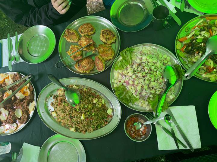 Buffet-style camp lunch with salads, patties and sides on metal trays under green tent light.