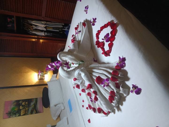 Hotel bed decorated with towel swans, orchid flowers and rose-petal heart for guests.