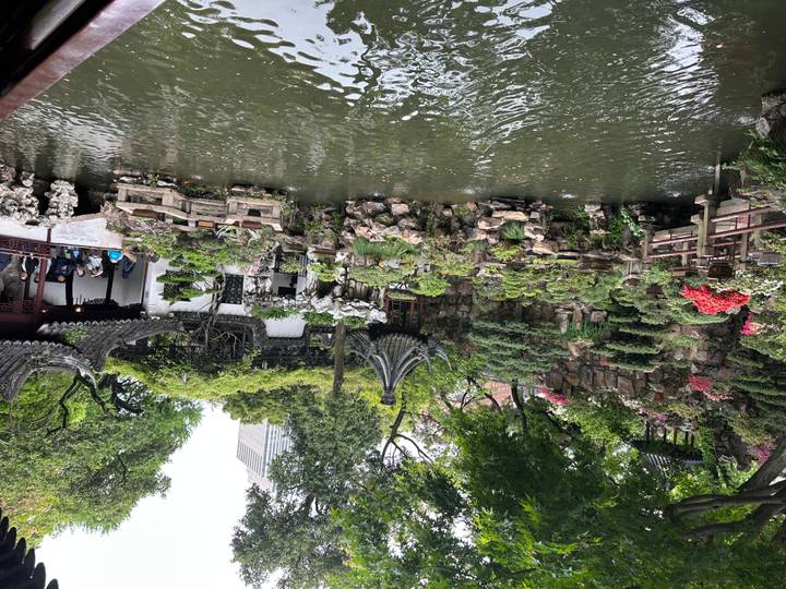 Classical Chinese garden with ornate pavilions, rockeries and a pond surrounded by flowering shrubs