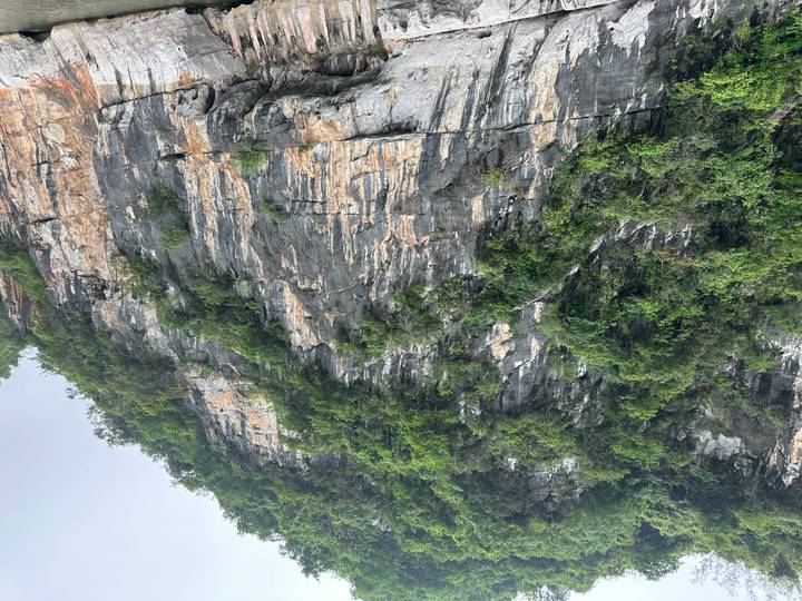 Steep rock cliff face with streaks of gray and orange limestone and patches of vegetation