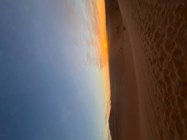 Wide desert panorama at dawn with subtle pastel sky over undulating sand.